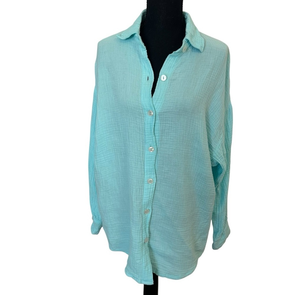 Vitamin A Coverup Button Up Shirt Blue Gauzey Cotton Beach Vacation Size Small
